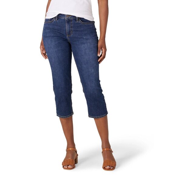 Lee Capri Jeans Mid Rise Regular Fit Womens Sz 22M Blue Denim Dark Wash Stretch - Picture 1 of 9